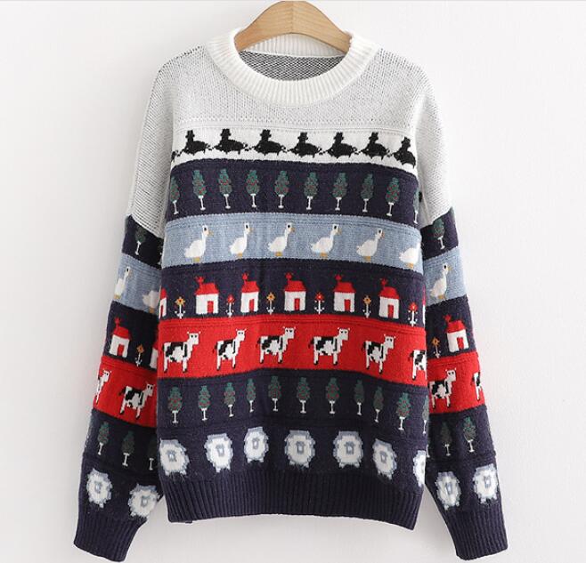 Cute COW/DUCK/SHEEP  Trees embroidery sweater #PR766 - Veooy