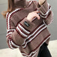 Women&#39;s Loose Outer Wear Labeled Striped Knit Turtleneck Sweater #PR1090