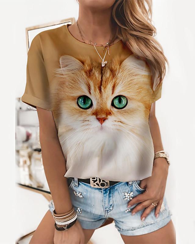 Women's T shirt Cat Graphic 3D Print Round Neck Tops Basic Basic Top Yellow