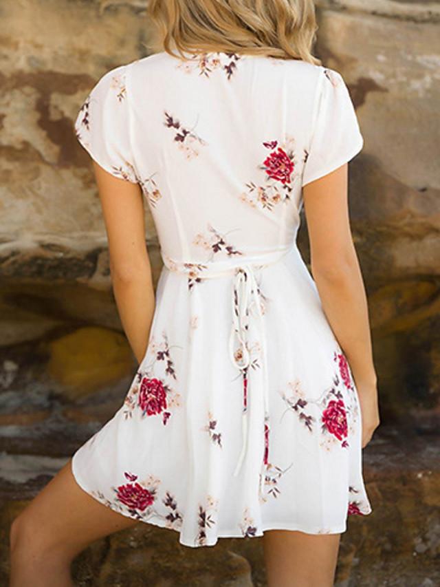 Women's Wrap Dress Short Mini Dress - Short Sleeve Floral Print Summer V Neck Hot 2020 White Red S M L XL
