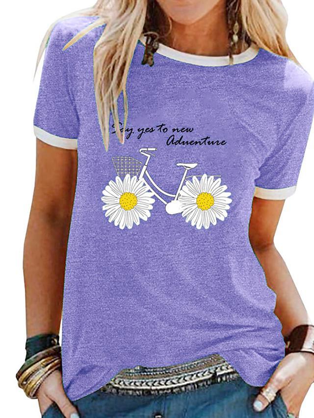 Women's T-shirt Floral Flower Round Neck Tops Basic Top Black Purple Blue