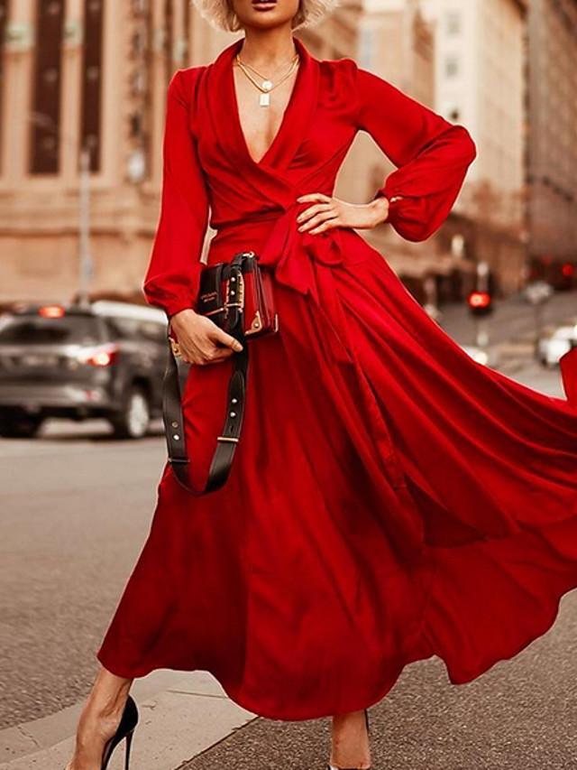 Women's Wrap Dress Maxi long Dress - Long Sleeve Solid Color Spring Summer V Neck Hot Sexy Going out Purple Red S M L XL XXL 3XL
