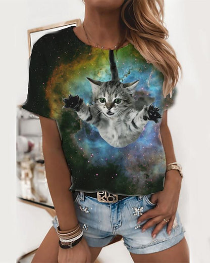 Women's T shirt Cat 3D Print Round Neck Tops Basic Basic Top Rainbow