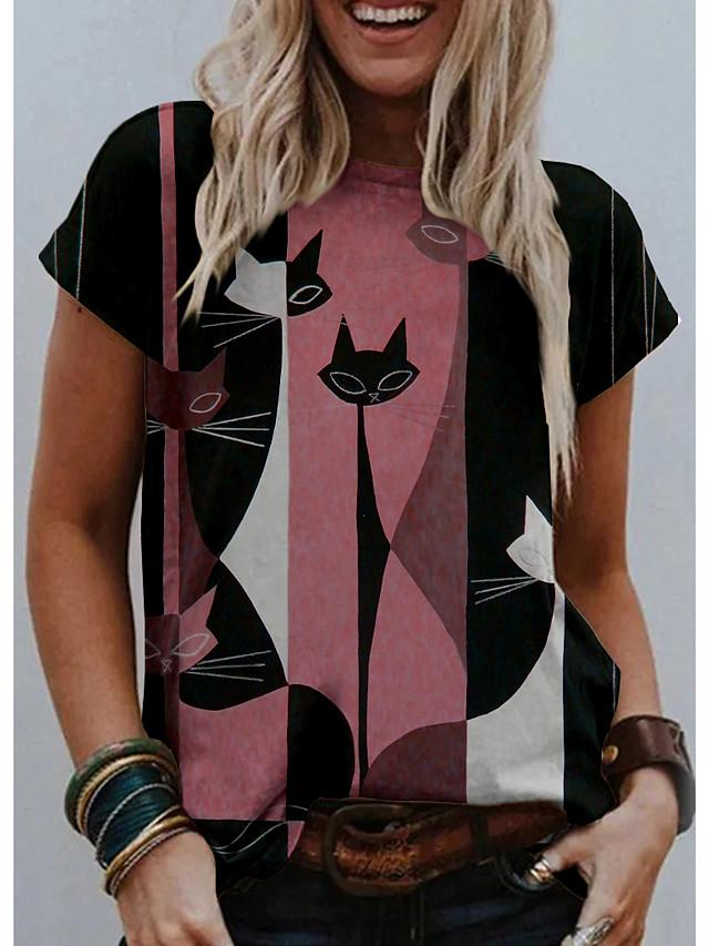 Women's T shirt Cat Graphic Print Round Neck Tops Basic Basic Top Blushing Pink