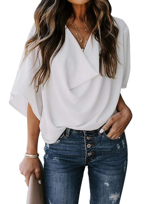 Womens Blouses and Tops Casual Summer Wrap V Neck Shirts Fashion Loose Tops White Large