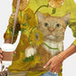 Women's T shirt Cat Floral Long Sleeve Print Round Neck Tops Basic Basic Top Yellow