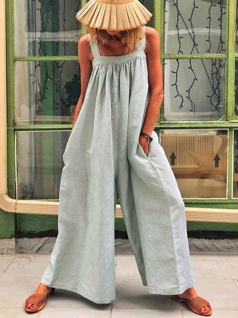JUSTREDCOCO Casual Solid Sleeveless Spaghetti Jumpsuit Wide Leg Pants