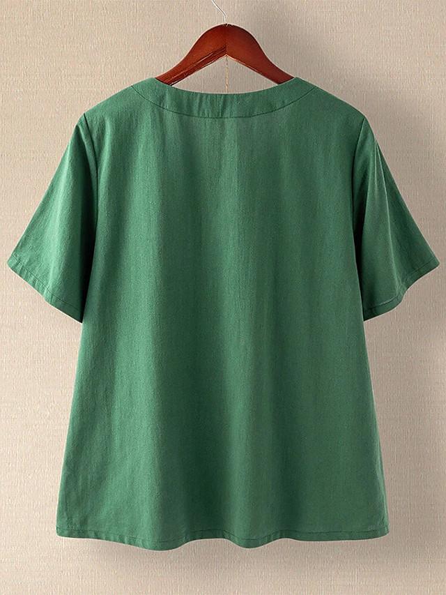 Women's T-shirt Cat Button Print Round Neck Tops Cotton Basic Basic Top Blue Green