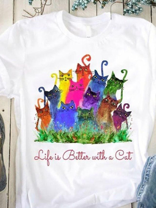 Women's T-shirt Cat Print Round Neck Tops Loose Basic Basic Top White Blue Purple