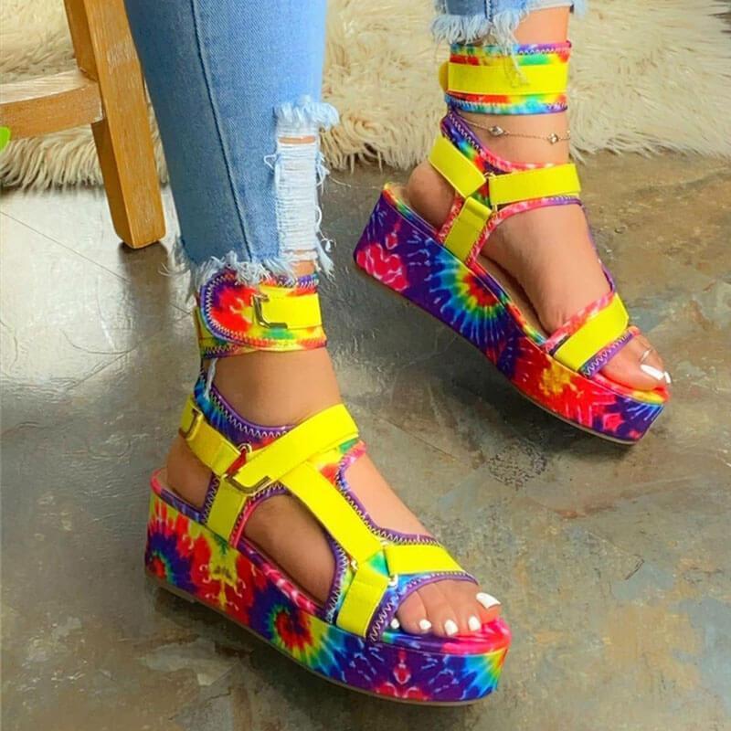 Women Simple Multicolor Strap Open Toe Velcro Creepers Platform Sandals