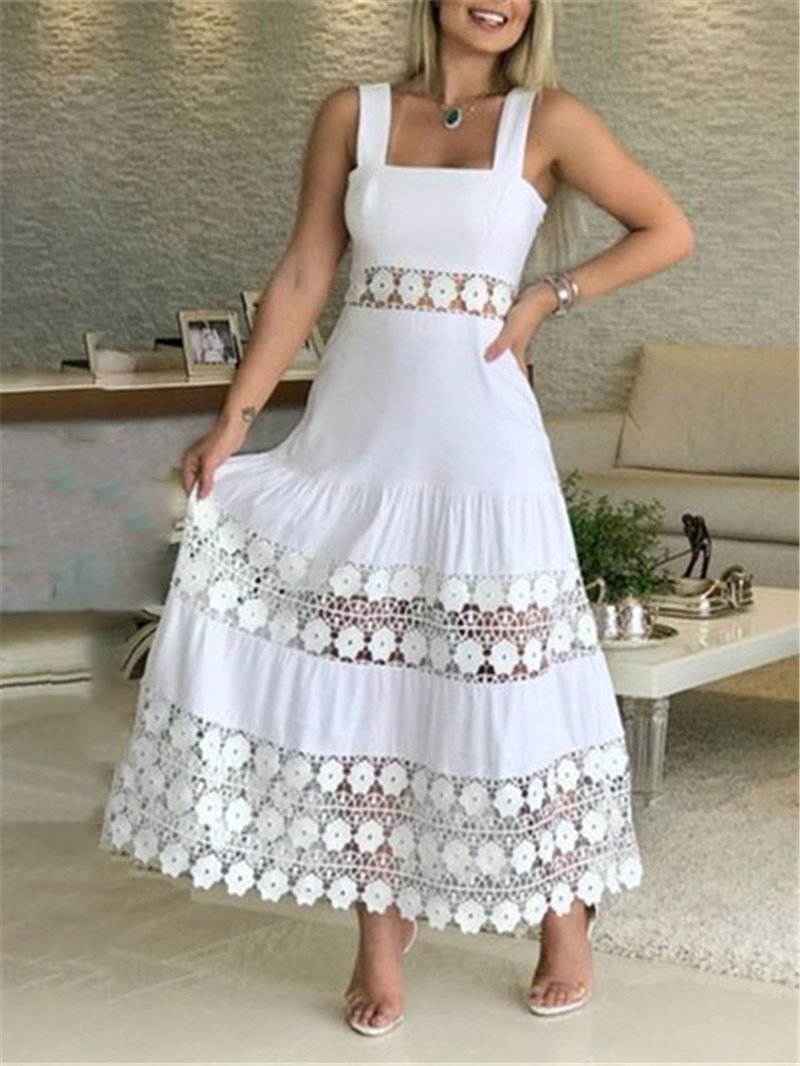 White lace hollowed-out holiday sleeveless dress
