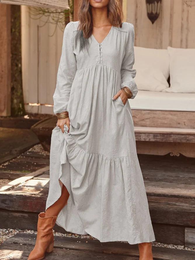 Cotton linen retro casual Long Sleeve Dress - Veooy