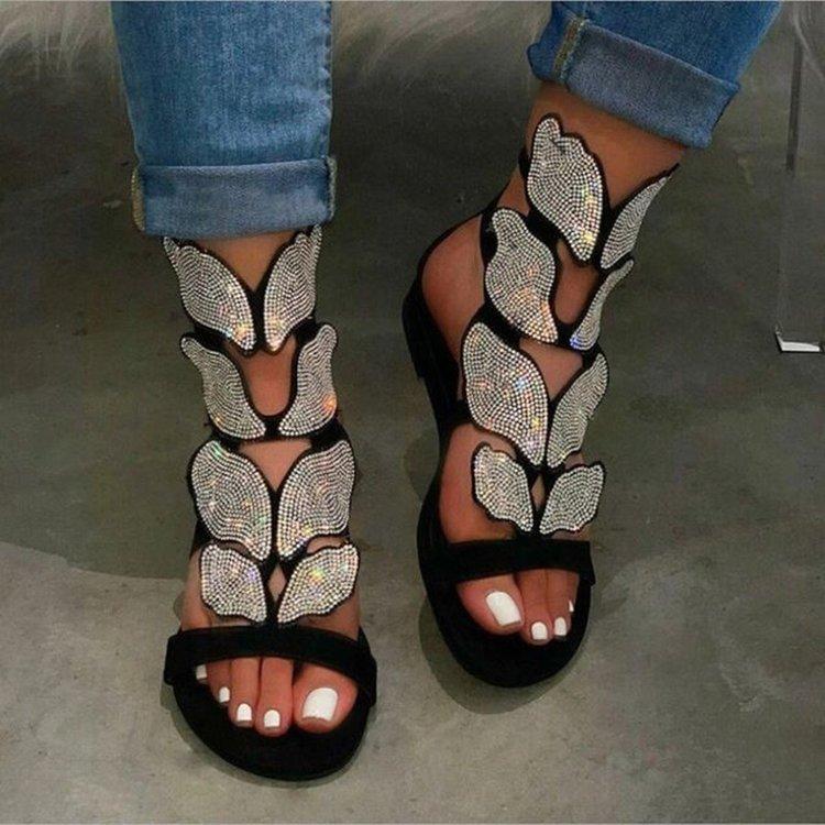 Women Fashion Rhinestone Butterfly Wings Pattern Sandals