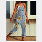 Multi-color flowers printed women pure color suspender trousers