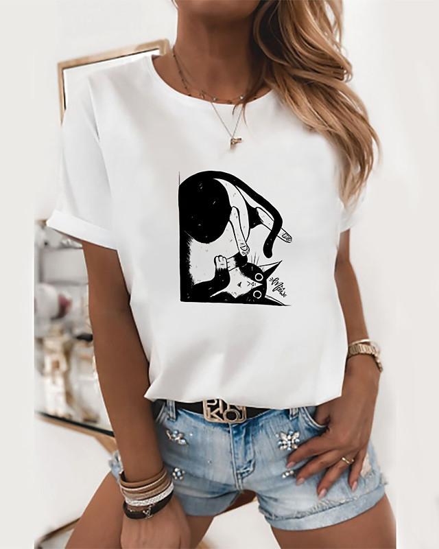 Women's T-shirt Cat Graphic Prints Round Neck Tops 100% Cotton Basic Top Cat White Rainbow