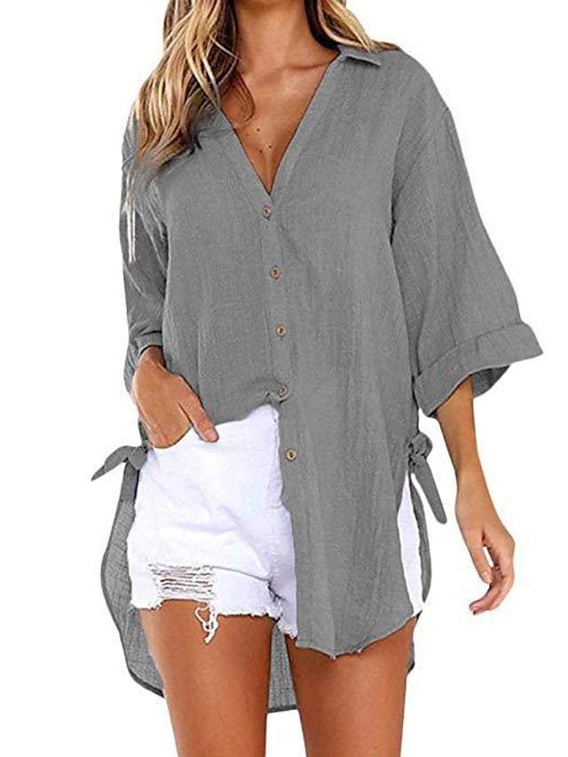 Womens Casual Cotton Linen Shirts Plus Size Baggy High Low Blouse Mid-long Boyfriend Shirts Work Plain Tops