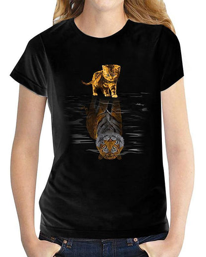 Women's T shirt Cat Graphic 3D Print Round Neck Tops Basic Basic Top Black