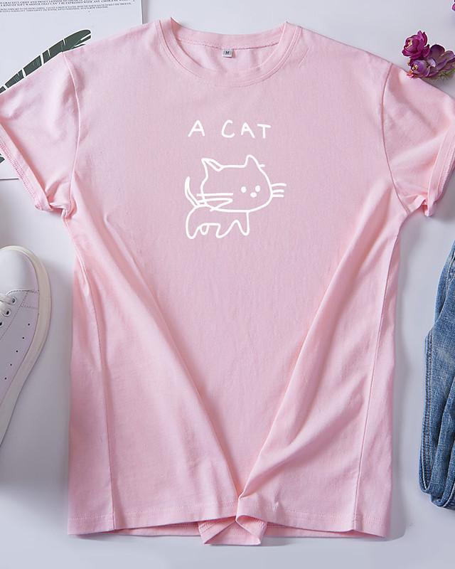 Women's T-shirt Cat Letter Round Neck Tops 100% Cotton Basic Basic Top White Black Red