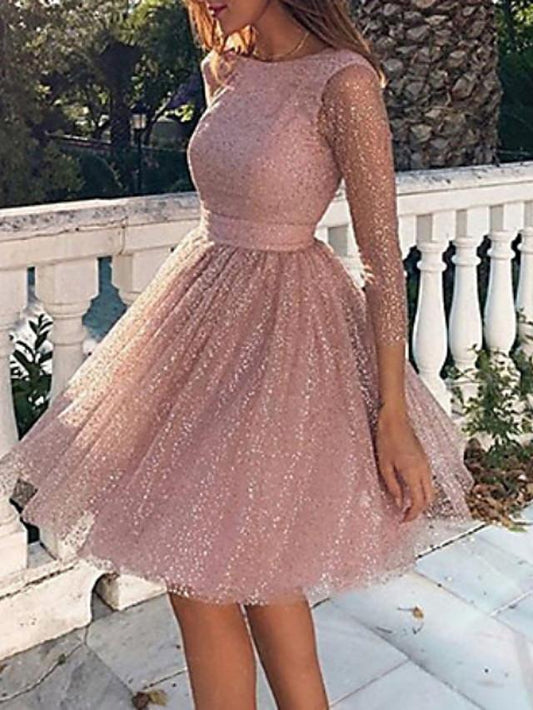 Women's Skater Short Mini Dress Long Sleeve Solid Colored Backless Glitter Clothing Fall Spring Hot Sexy Blushing Pink S M L XL XXL