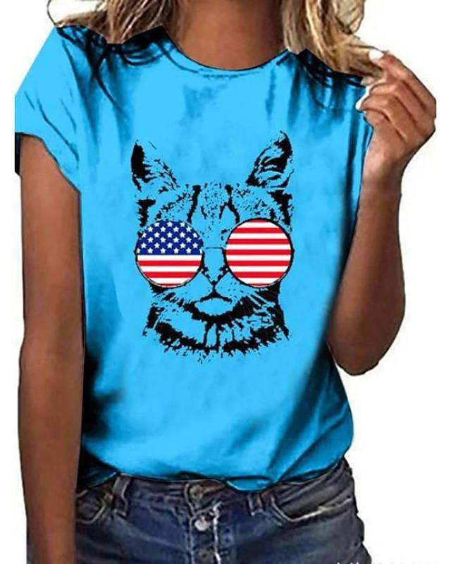 Women's T-shirt Cat Round Neck Tops Basic Top White Blue Red
