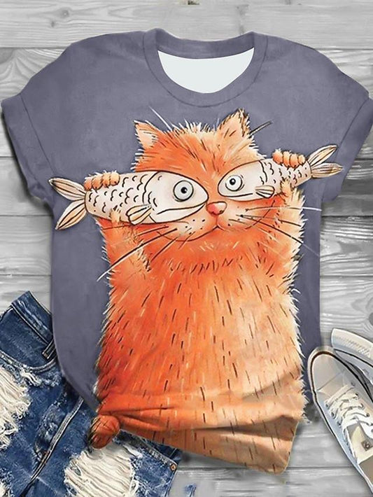 Women's T-shirt Cat Print Round Neck Tops Basic Basic Top Black Blue Gray