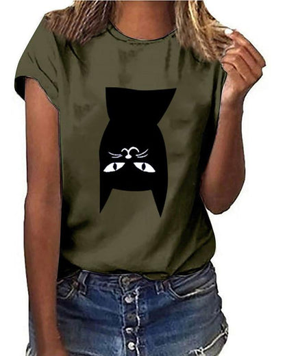 Women's T-shirt Cat Print Round Neck Tops Basic Basic Top White Black Yellow