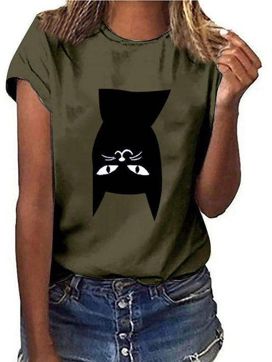 Women's T-shirt Cat Print Round Neck Tops Basic Basic Top White Black Yellow