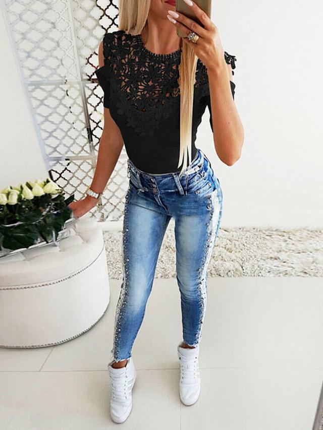 Women's T-shirt Floral Solid Colored Flower Round Neck Tops Slim Basic Top White Black Blue-0203816
