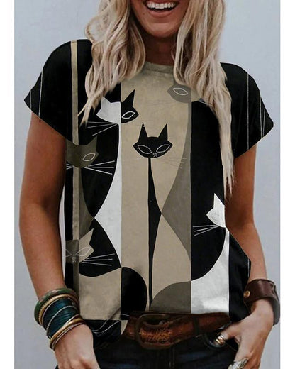 Women's T shirt Cat Graphic Print Round Neck Tops Basic Basic Top Black