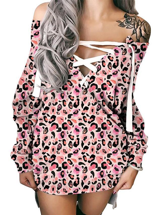 Women's Shift Dress Short Mini Dress Long Sleeve Leopard Lace up Patchwork Print Fall Winter Off Shoulder Plus Size Sexy Loose Blushing Pink S M L XL XXL 3XL-0222822