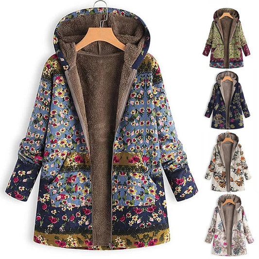 Womens Coat Winter Warm Outwear Floral Print Hooded Pockets Vintage Oversize Casual Outwear Plus Size