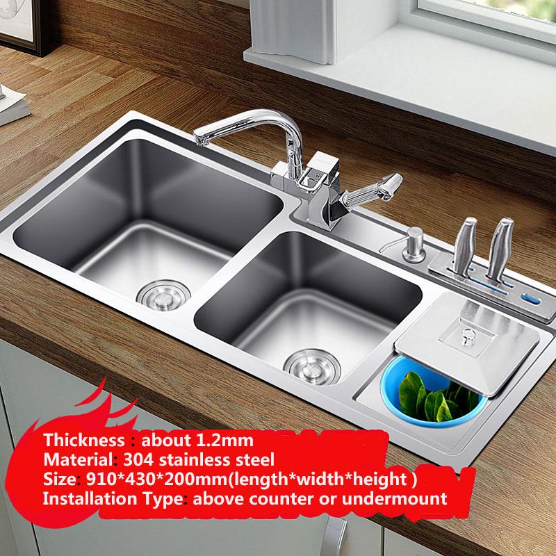 Ross - Stainless Steel Double Countertop Kitchen Sink with Trash Can