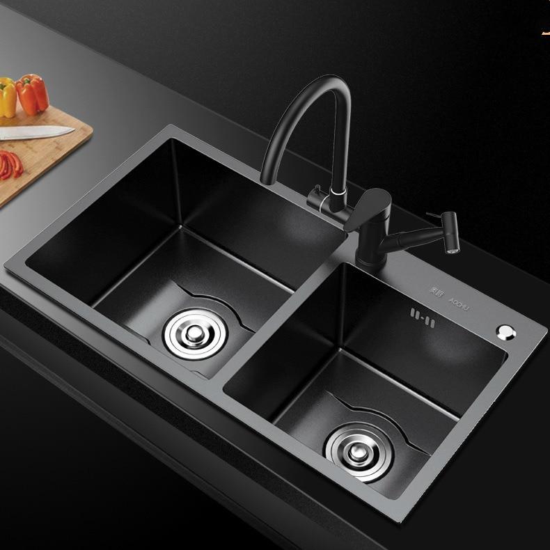 Daxon - Black Nano Stainless Steel Double Kitchen Sink with Soap Dispenser - Veooy
