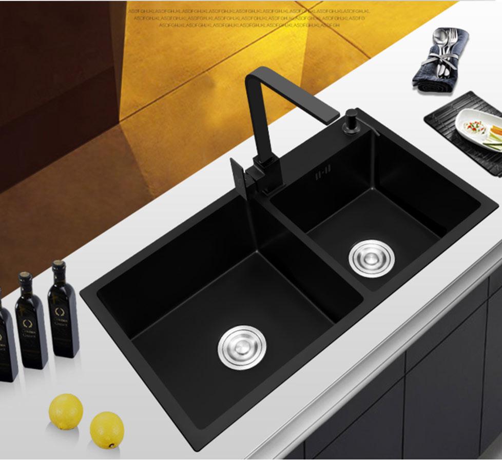 Ari - Black Nano Antibacterial Stainless Steel Double Bowl Kitchen Sink - Veooy