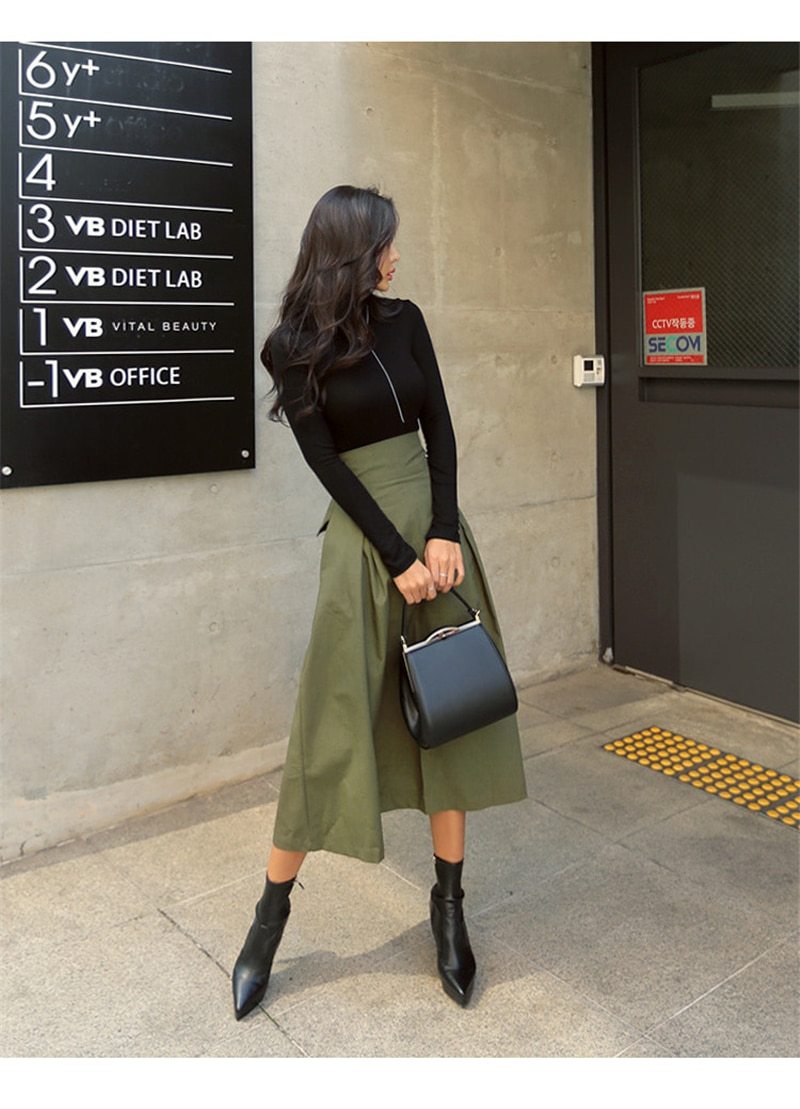 Green Flare Midi Office Skirt-veooy - Veooy