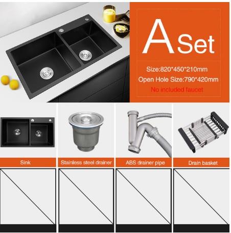 Ari - Black Nano Antibacterial Stainless Steel Double Bowl Kitchen Sink - Veooy
