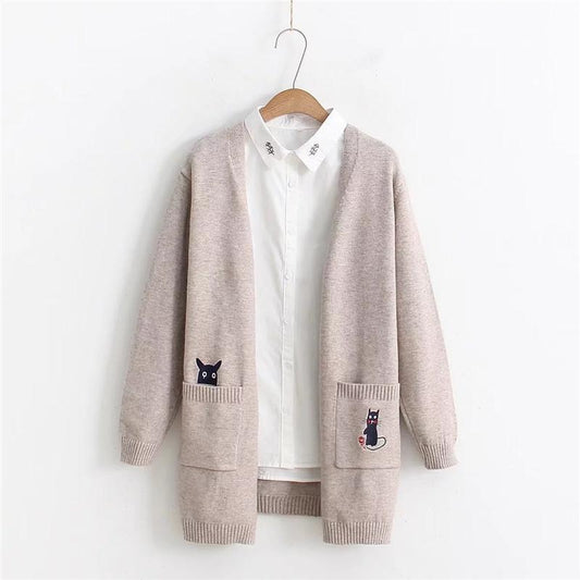 Cute Cat Embriodery Oversize Women Cardigans S12984 - Veooy