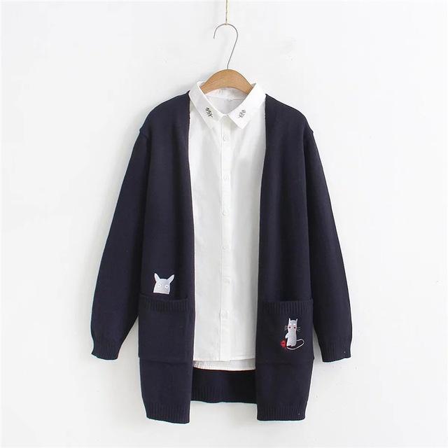 Cute Cat Embriodery Oversize Women Cardigans S12984 - Veooy