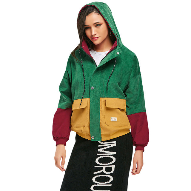 Winter Warm Color Block Hooded Corduroy Jacket - veooy