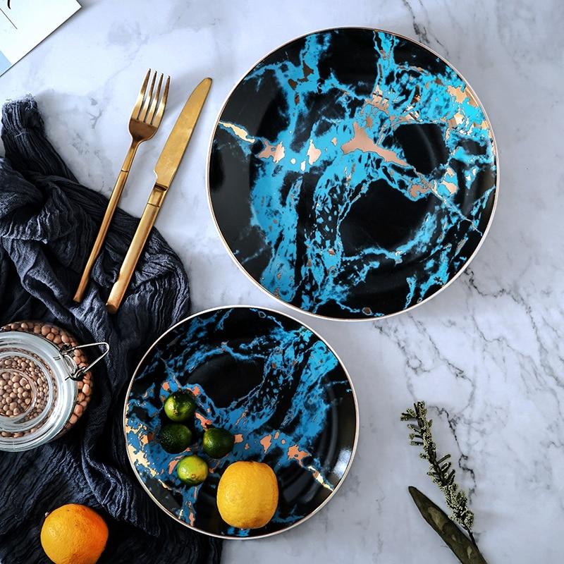 Set of 4 Unique Marble Ceramic Dinner Plates