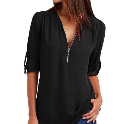 Zipper Short Sleeve Women Shirts Sexy V Neck Solid Casual Tee Shirts Tops Blouses Plus Size