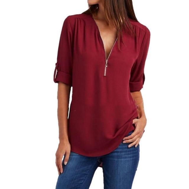 Zipper Short Sleeve Women Shirts Sexy V Neck Solid Casual Tee Shirts Tops Blouses Plus Size