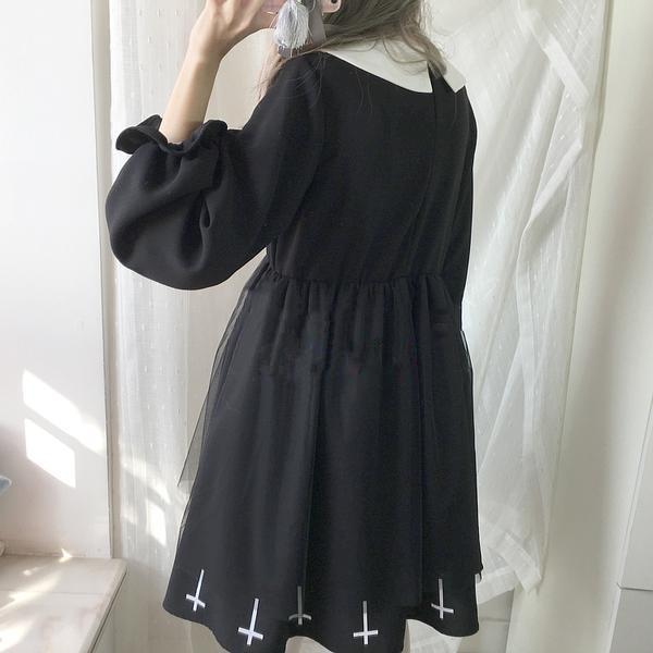 Cute Girls Gothic Lolita Cross Hexagon Spring Long Sleeve Dress S13161 - Veooy