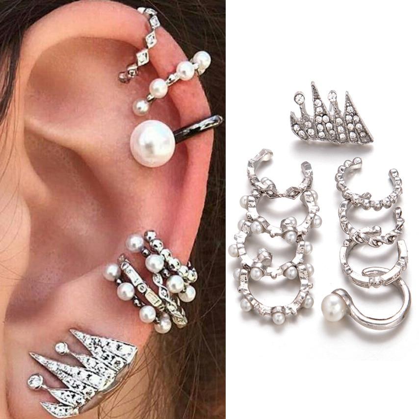 Jazzy - 9 Piece Set Pearl Punk Clip Earrings
