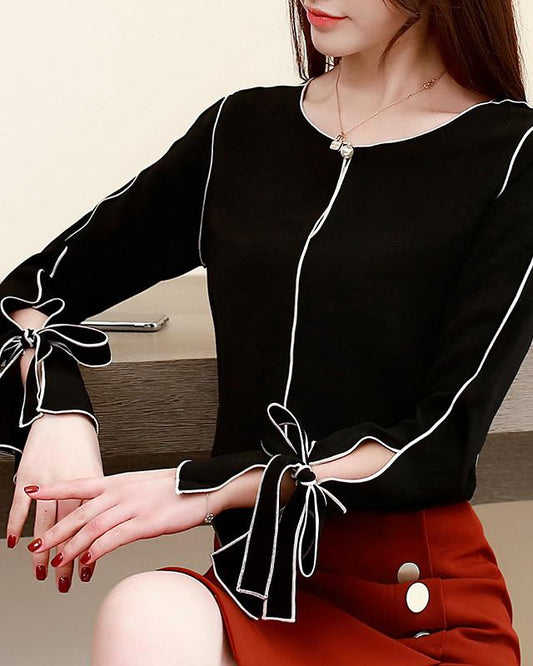 Women's Work Blouse Shirt Color Block Long Sleeve Patchwork Boat Neck Tops Chiffon Streetwear Basic Top White Black-827