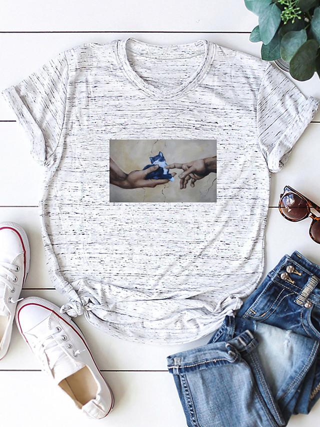 Women's T-shirt Cat Print Round Neck Tops 100% Cotton Basic Basic Top White Black Blue