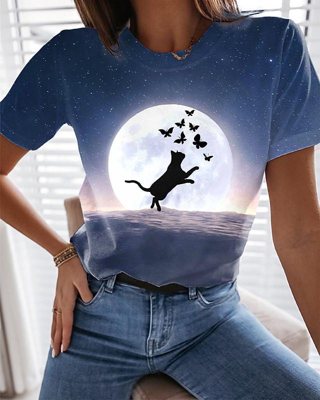 Women's T shirt Cat Graphic Butterfly Print Round Neck Tops Basic Basic Top Blue