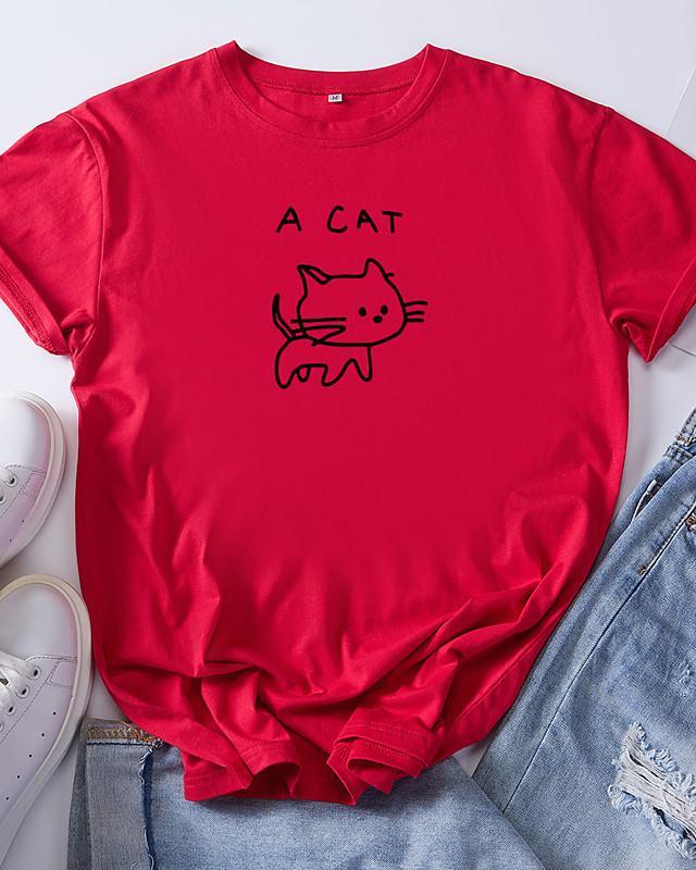 Women's T-shirt Cat Letter Round Neck Tops 100% Cotton Basic Basic Top White Black Red