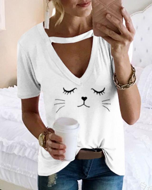 Women's T-shirt Cat Cartoon Printing V Neck Tops Basic Top White Black Blushing Pink