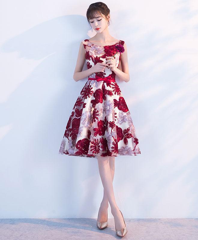 Cute Burgundy 3D Lace Short Prom Dress, Lace Homecoming Dress - Veooy